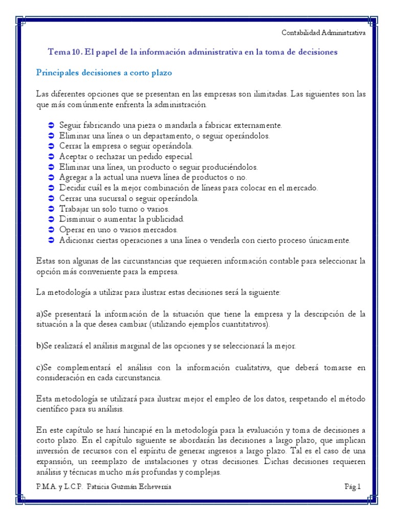 TEMA 10, Toma de Decisiones A Corto Plazo | PDF | Toma de decisiones ...