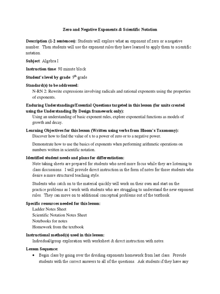 worksheet Zero And Negative Exponents Worksheet zeronegative exponent and scientific notation lesson plan exponentiation psychology cognitive science