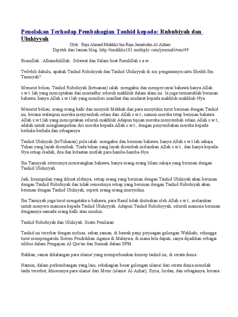 Penolakan Terhadap Pembahagian Tauhid Kepada Rububiyah Dan Uluhiyyah Pdf