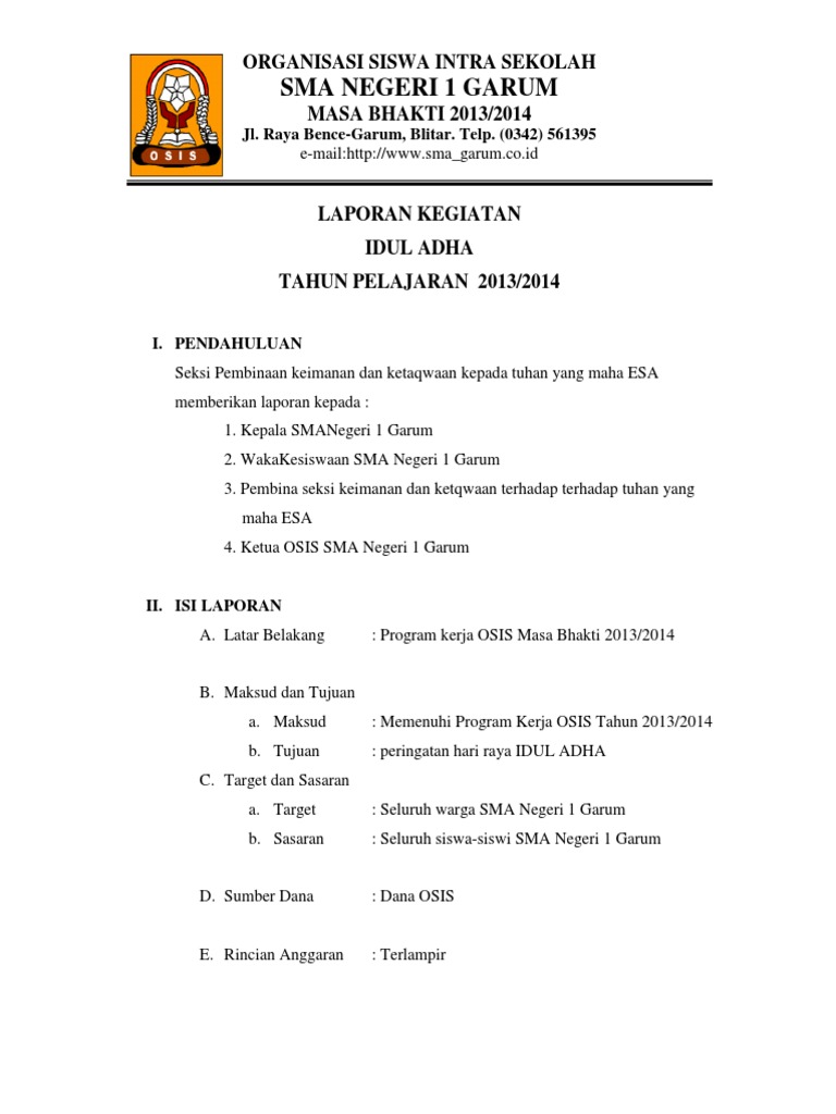 Laporan Idul Adha Organisasi Siswa Intra Sekolah