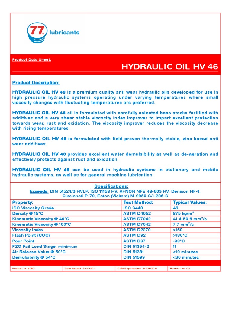 HV 46 Hydraulic Oil Specifications | PDF | Film Speed | Viscosity