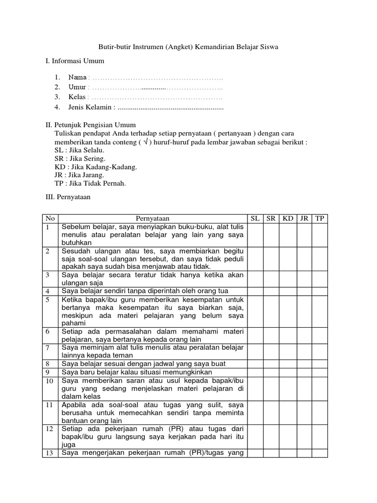 Butir-Butir Instrumen (Angket) Kemandirian Belajar Siswa