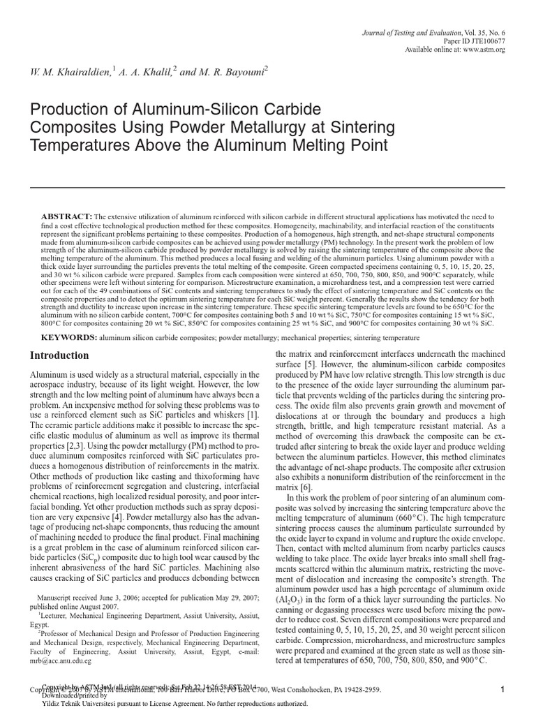 Production of AluminumSilicon Carbide Composites Using Powder Metallurgy at Sintering