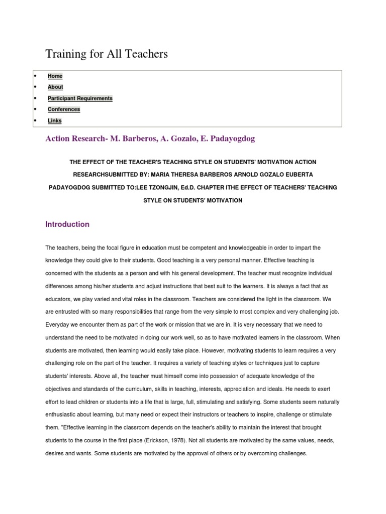 Sample Action Research Pdf Teachers Motivation