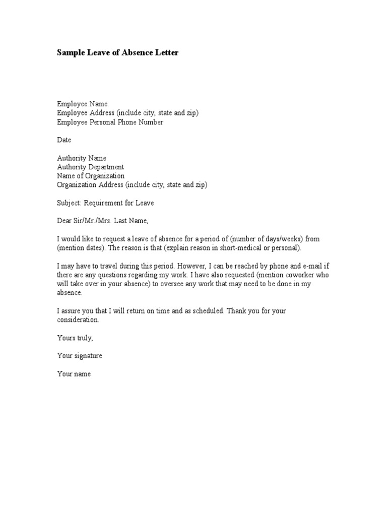 Sample Leave of Absence Letter  PDF