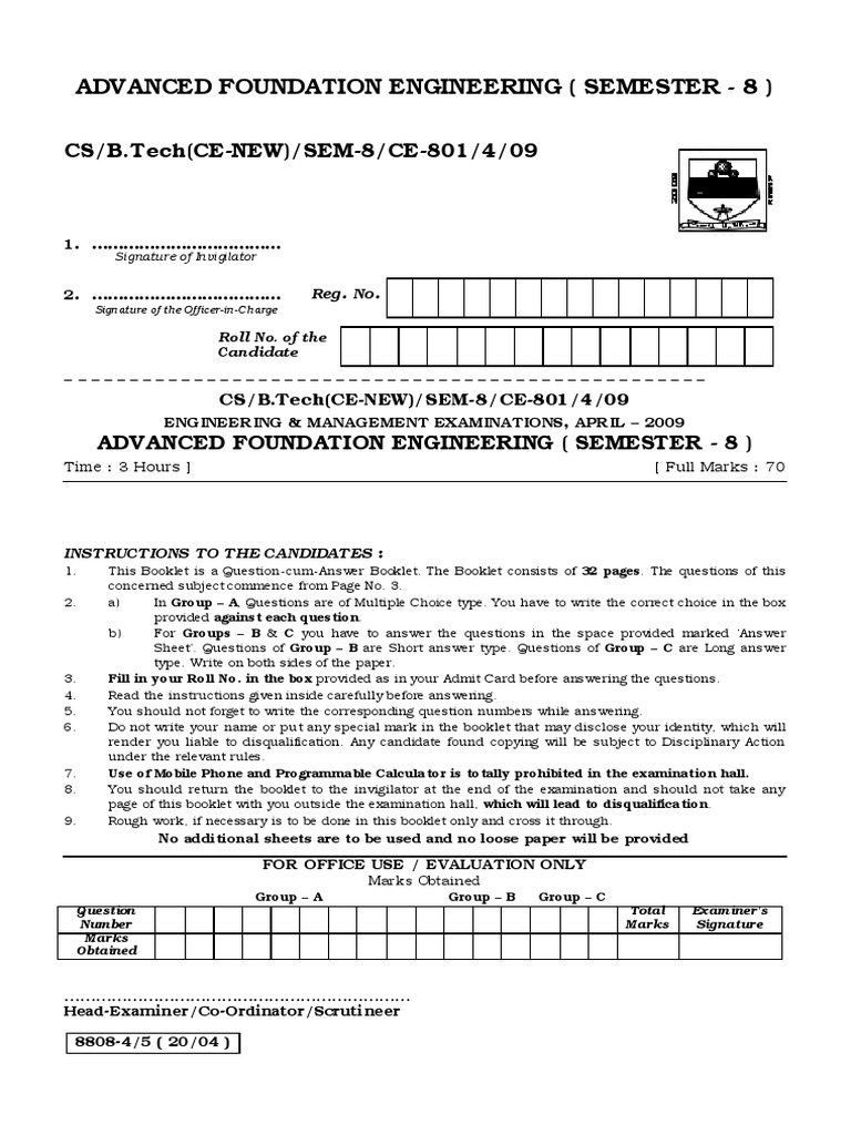Advanced Foundation Engineering Question Papers of Wbut PDF Deep Foundation Test (Assessment)