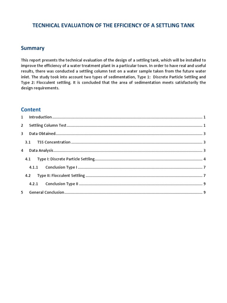 Settling Tank Efficiency Evaluation Report | PDF | Physical Sciences ...