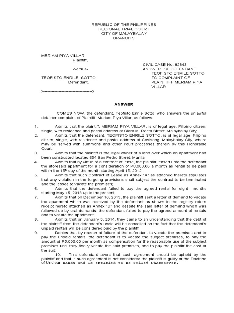 Unlawful Detainer Legal Forms Answer Lease Lawsuit