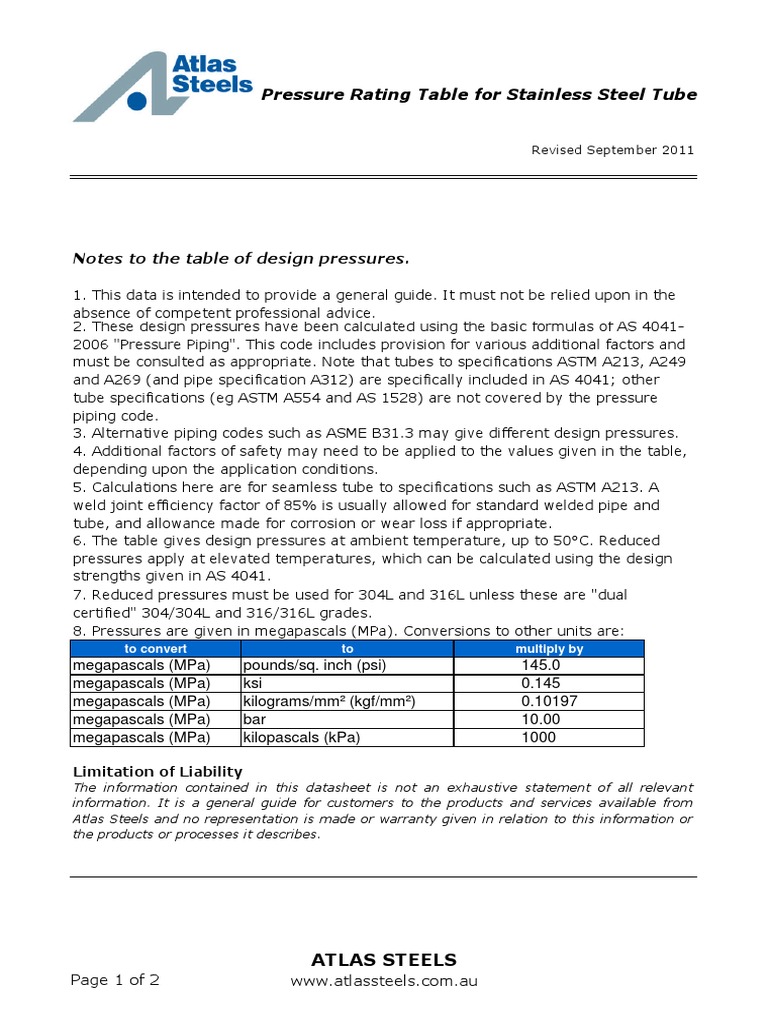 Pressure Rating A269 (Tubing) PDF Pascal (Unit) Pipe (Fluid