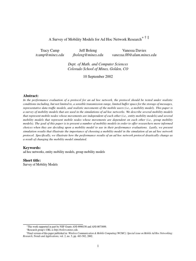 Mobility Models for Ad Hoc Networks | PDF | Science & Mathematics