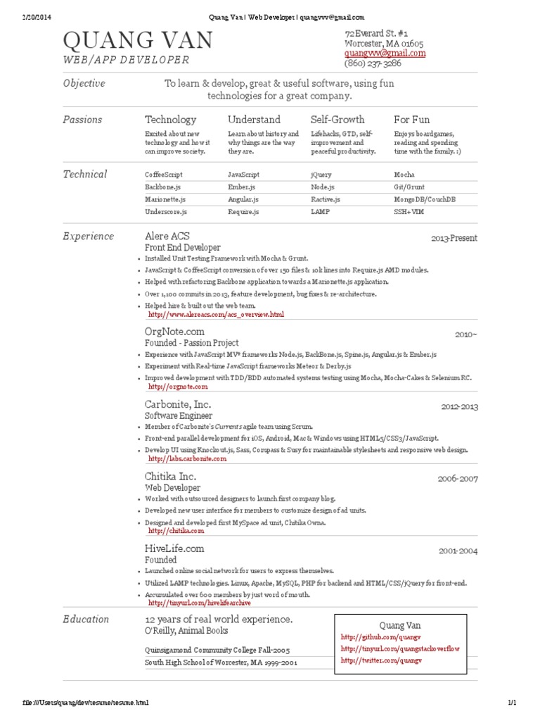 Quang Van: Web Developer Resume | PDF | Java Script | Front And Back Ends