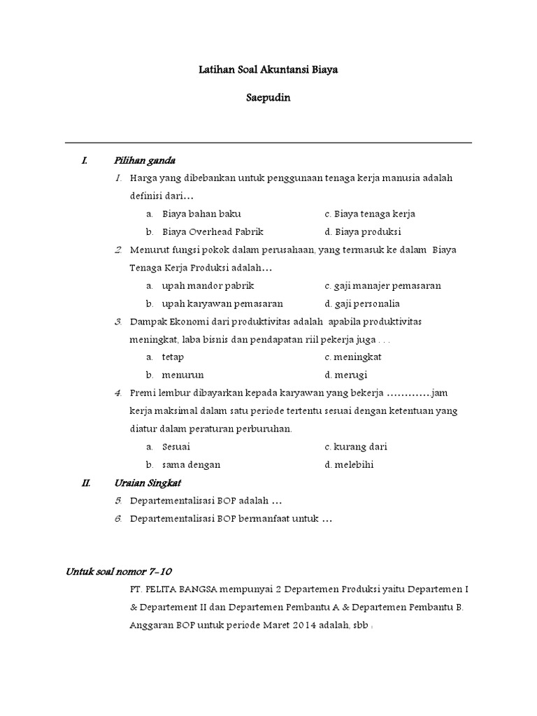 Latihan Soal Akuntansi Biaya Pdf