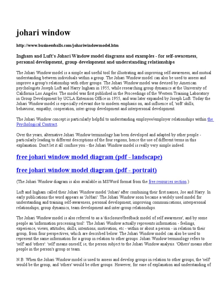  Johari  Window  Businessballs Self Awareness Motivation