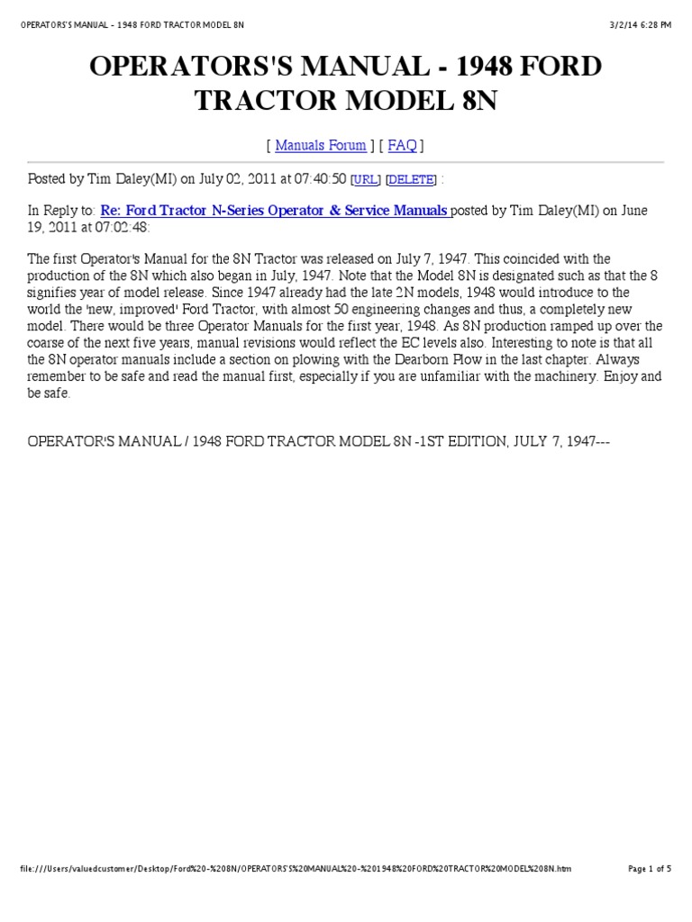Operators's Manual - 1948 Ford Tractor Model 8n | Tractor | Automotive  Technologies