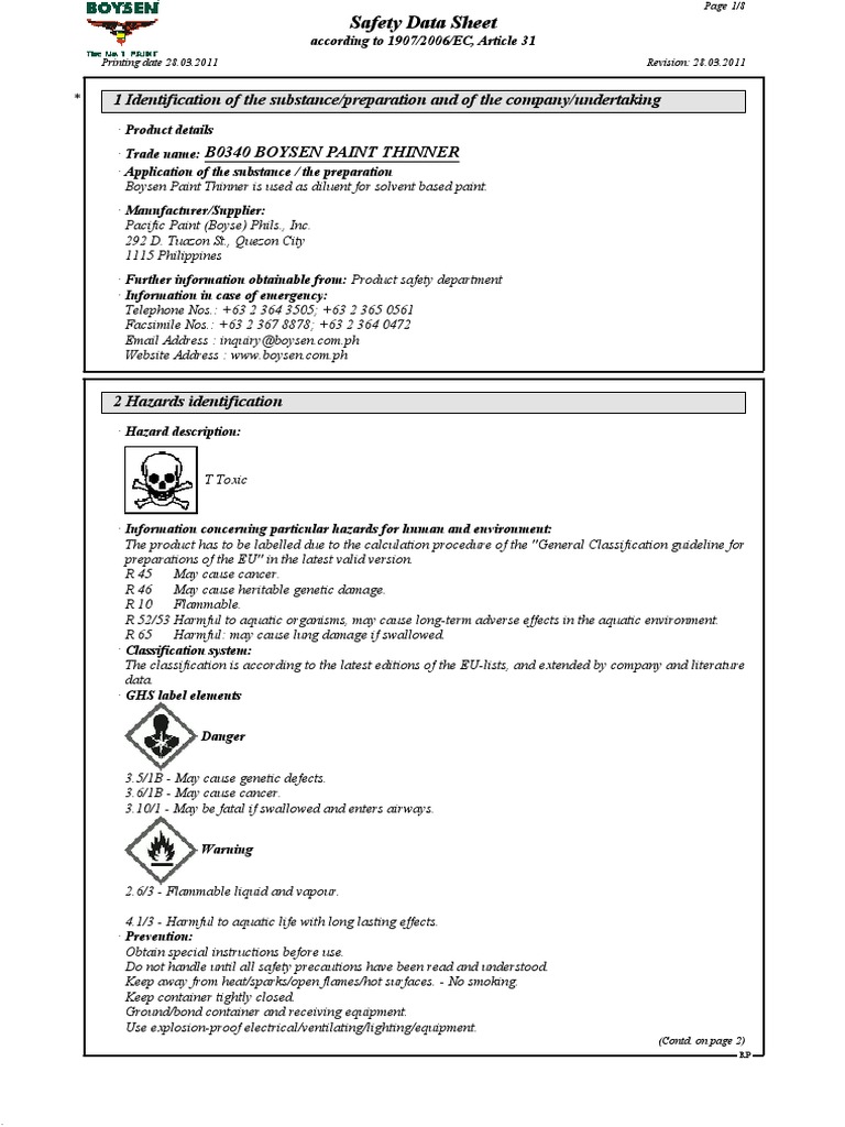Boysen Paint Thinner Safety Data Sheet | PDF | Dangerous Goods ...