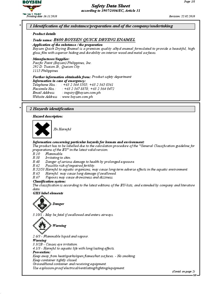 b600 Boysen Quick Drying Enamel White PDF Dangerous Goods Toxicity