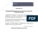 Comunicado #3: Municipalidad Metropolitana de Lima Sobre Acto de Clausura Del Ex Mercado La Parada