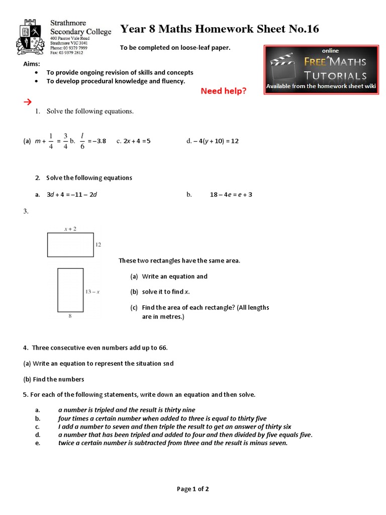 Year 8 Maths Homework Sheet No.16: Need Help? | PDF | Teaching Methods ...