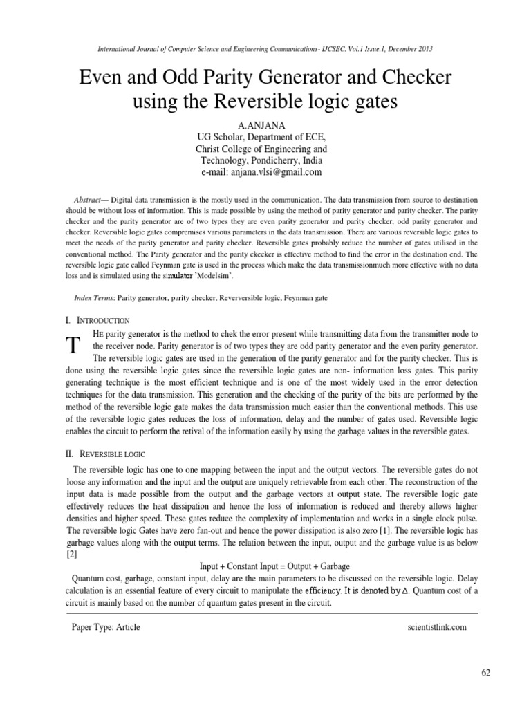 Even and Odd Parity Generator and Checker Using The Reversible Logic