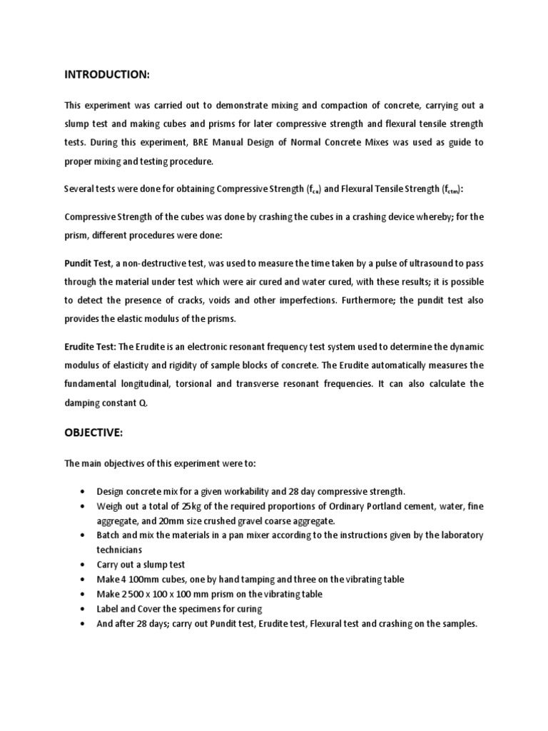 Concrete Mixing and Testing Lab Report Concrete Strength Of Materials