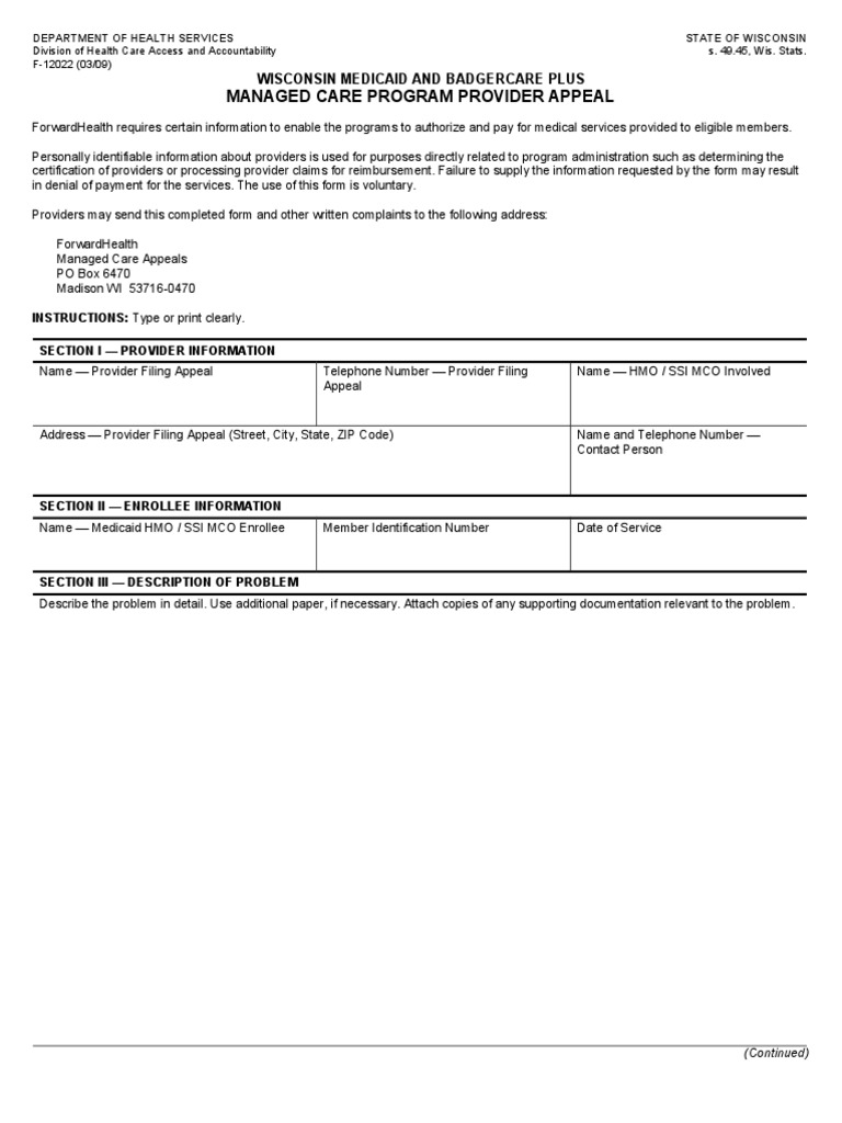 Managed Care Program Provider Appeal: Wisconsin Medicaid and Badgercare ...