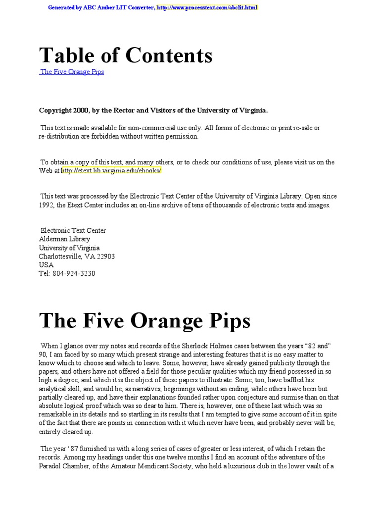 Sir Arthur Conan Doyle - Sherlock Holmes - 07 - The Five Orange Pips | Pdf  | Dr. Watson | Sherlock Holmes