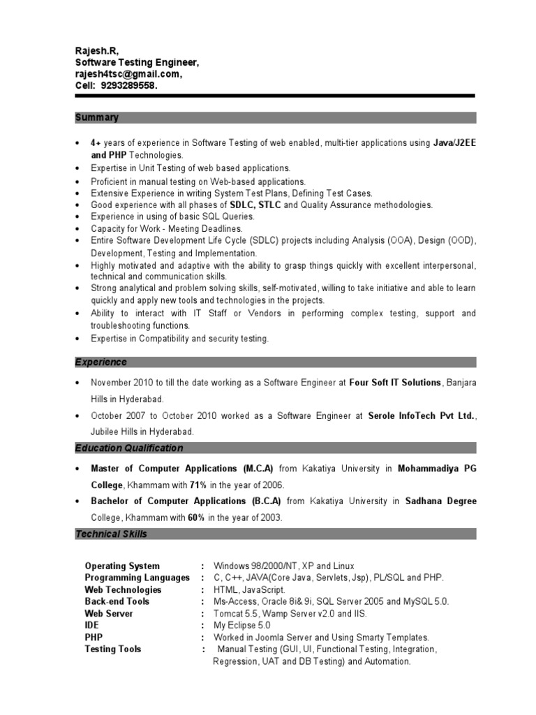 Software Testing Engineer Resume | PDF