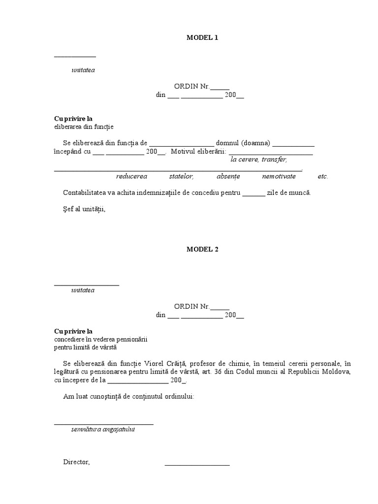 Ordin de Eliberare Din Functie