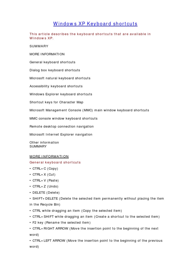 Windows XP Keyboard Shortcuts 6 P | PDF | Computer Keyboard | Menu ...