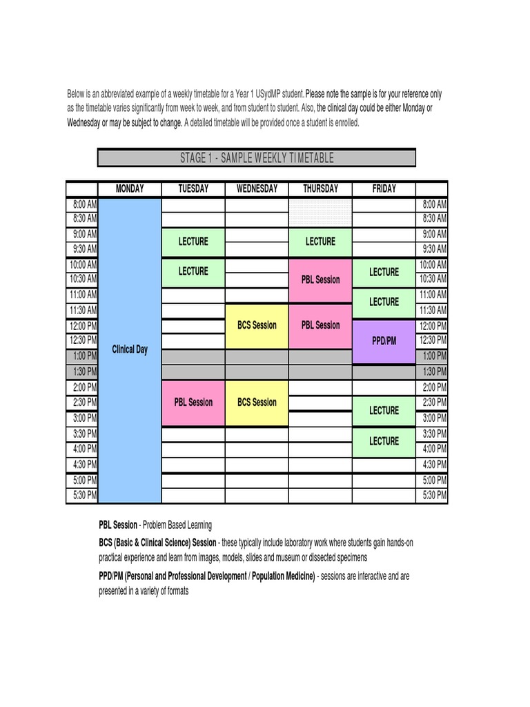 Year 1 USydMP Weekly Timetable Sample | PDF