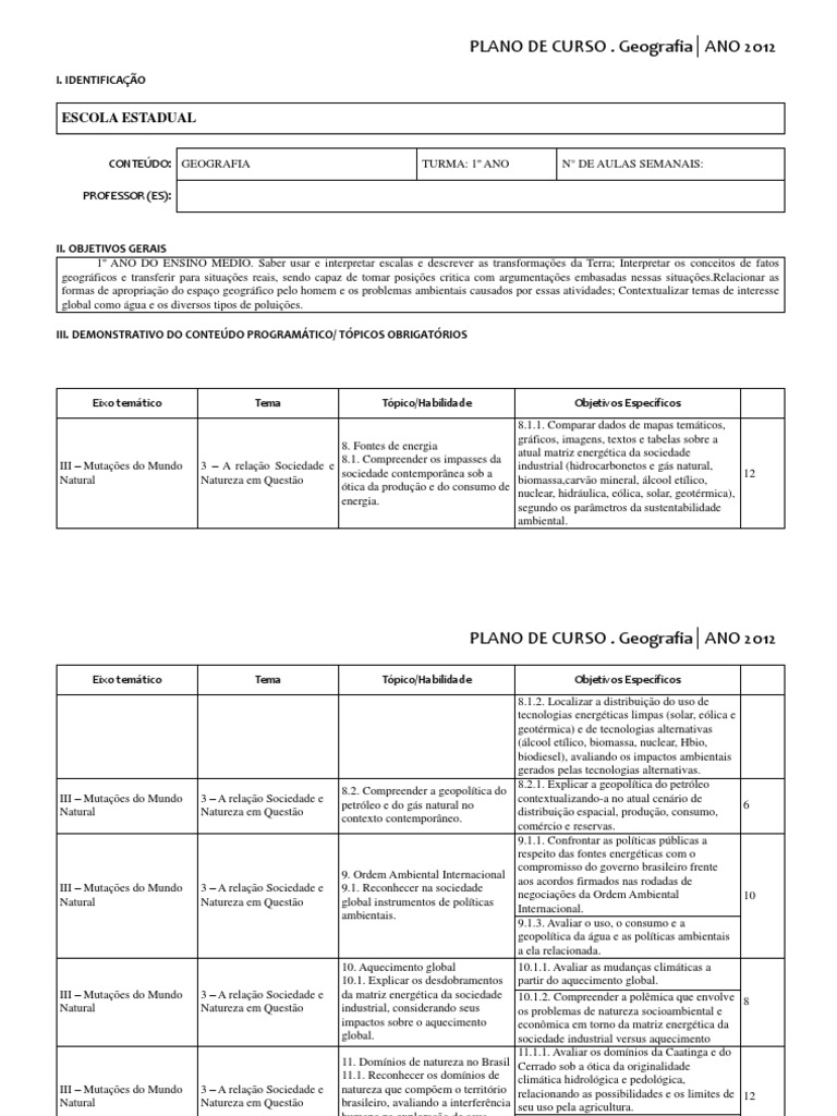 Plano de Aula 1 Ano Ensino Medio