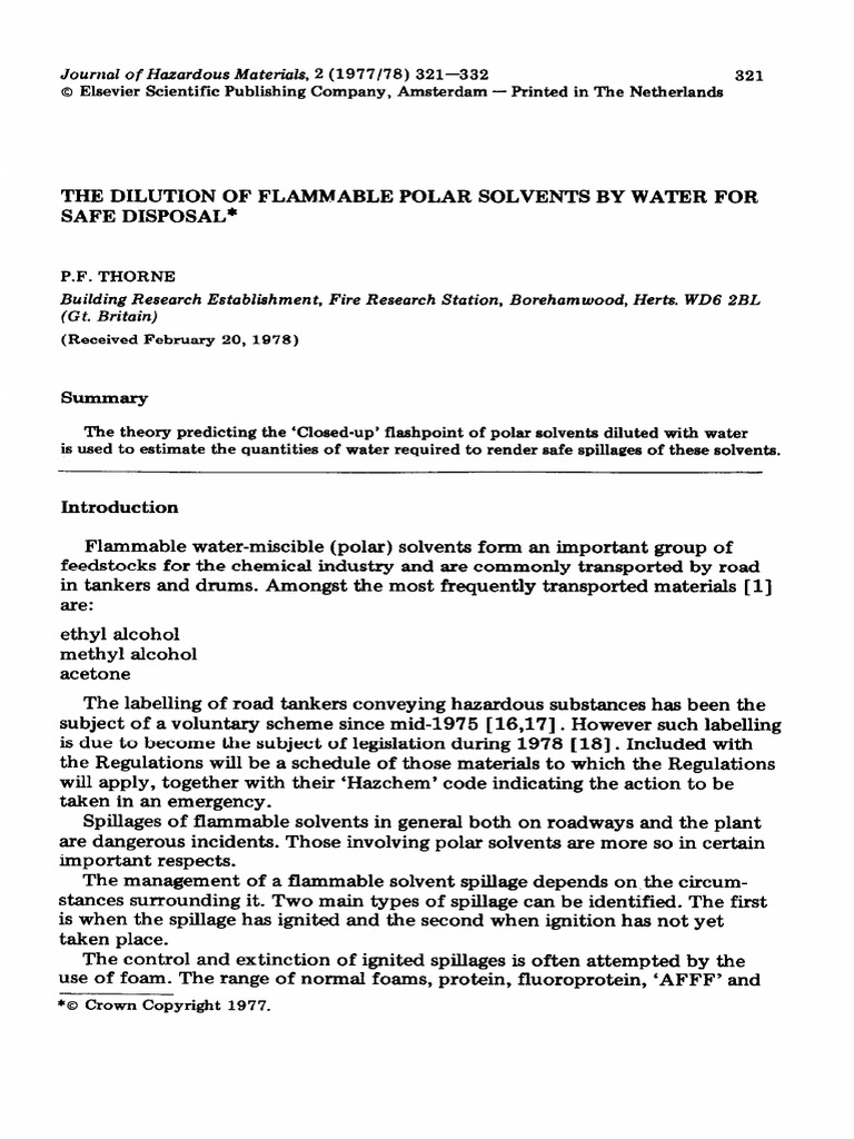 Dilution of Flammable Polar Solvents by Water For Safe Disposal PDF
