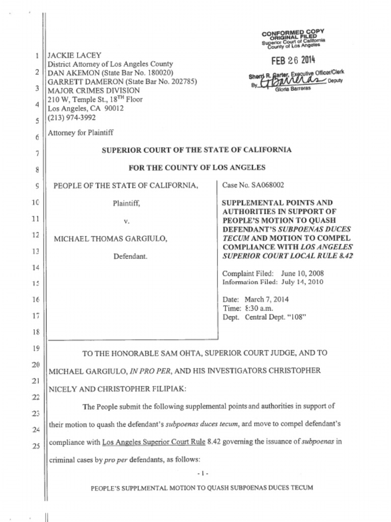 Michael Gargiulo Prosecution Motion To Quash Subpoenas Duces Tecum PDF