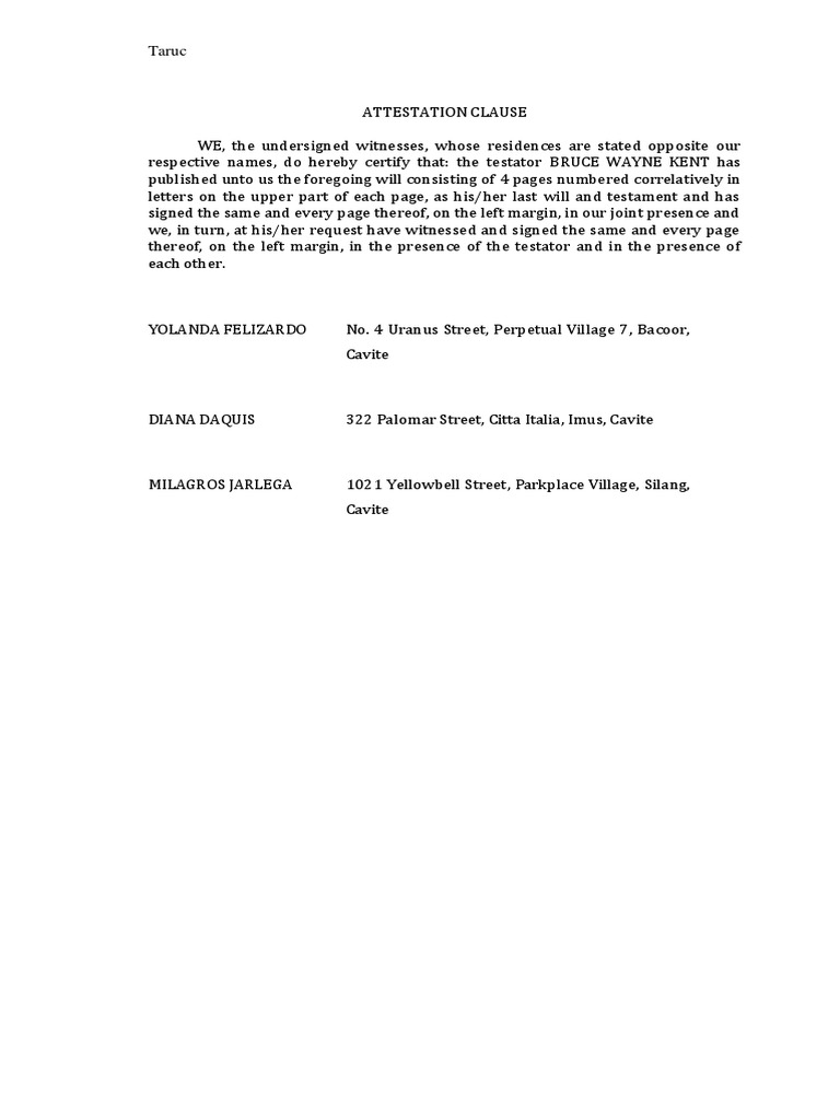 Sample Attestation Clause for a Will | PDF