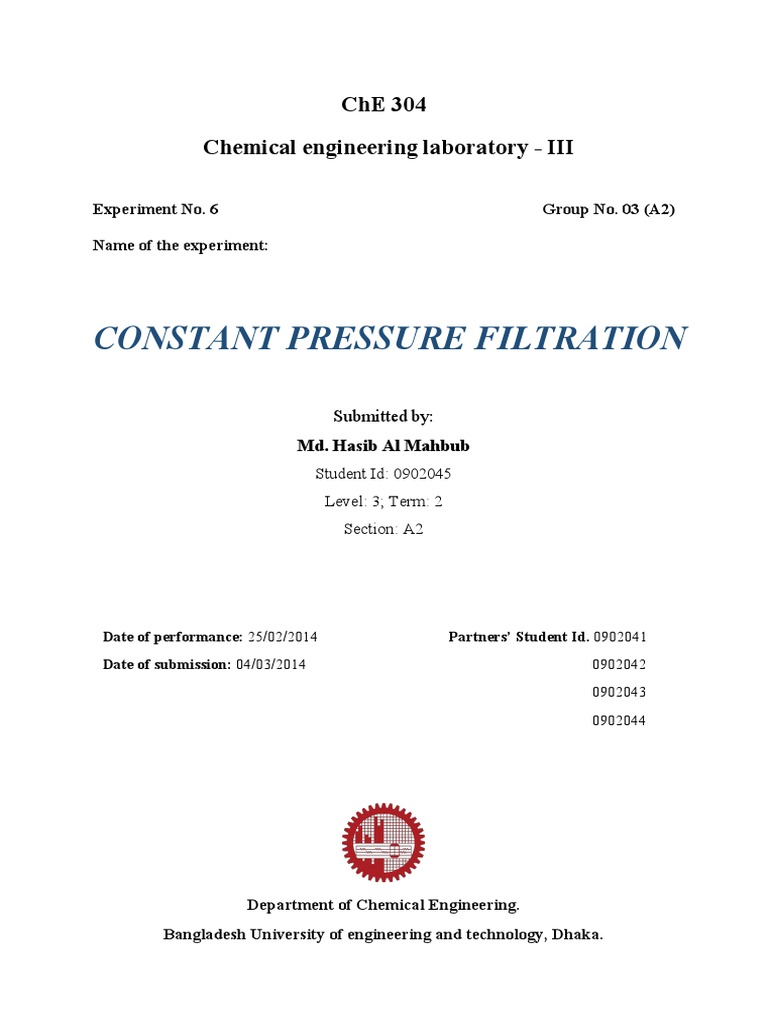 Constant Pressure Filtration PDF Filtration Chemical Engineering