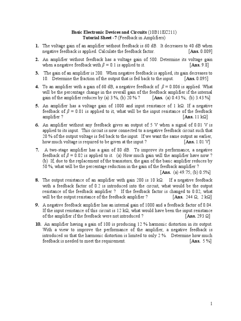 Tutorial Sheet 7 (Feedback Amplifiers) PDF Amplifier Feedback