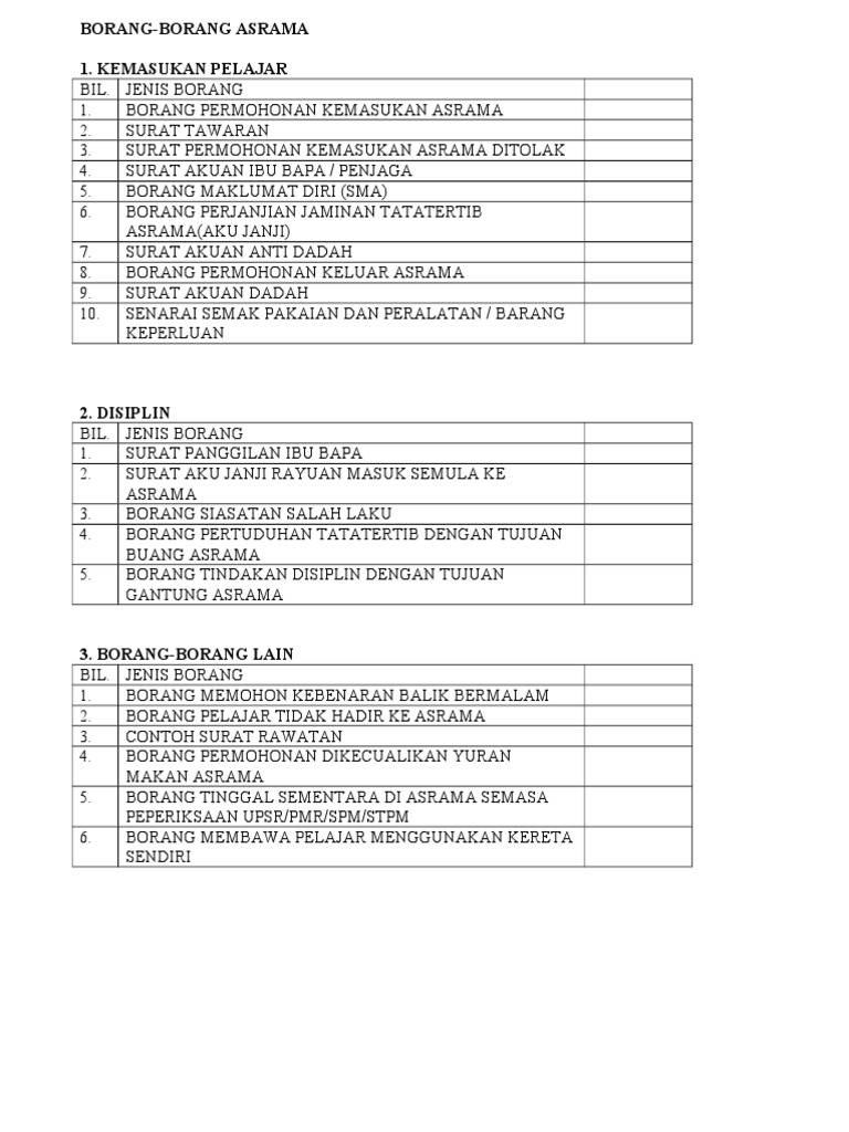 Borang Pengurusan Pelajar Asrama Harian