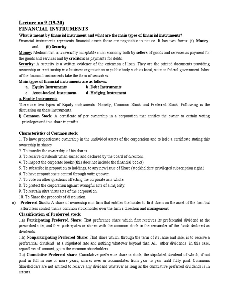 Lecture No 9 - Financial Instruments | PDF | Futures Contract | Bonds ...