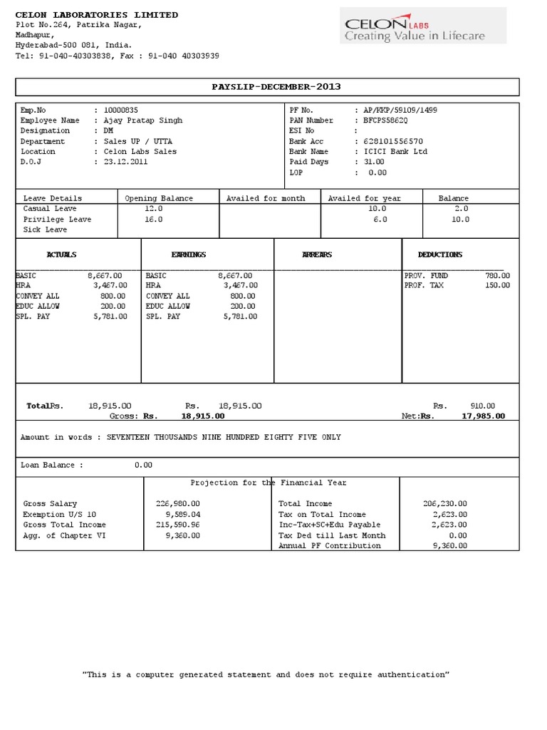 Celon Labs December 2013 Payslip | PDF | Finance & Money Management
