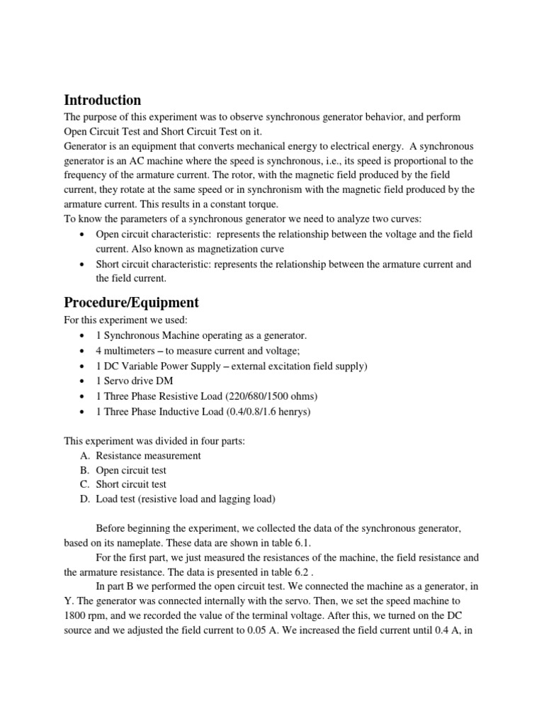 Open Circuit and Short Circuit Tests of Synchronous Generator | PDF ...