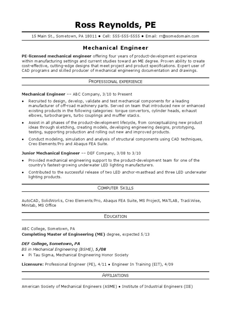 professional resume format for mechanical engineer