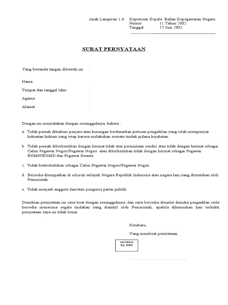 02. Contoh Surat Pernyataan ( Anak Lampiran 1.d )