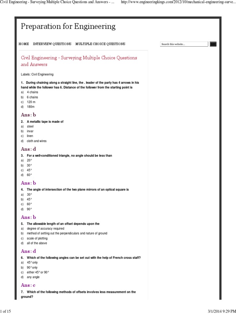 Civil Engineering Surveying Multiple Choice Questions and Answers
