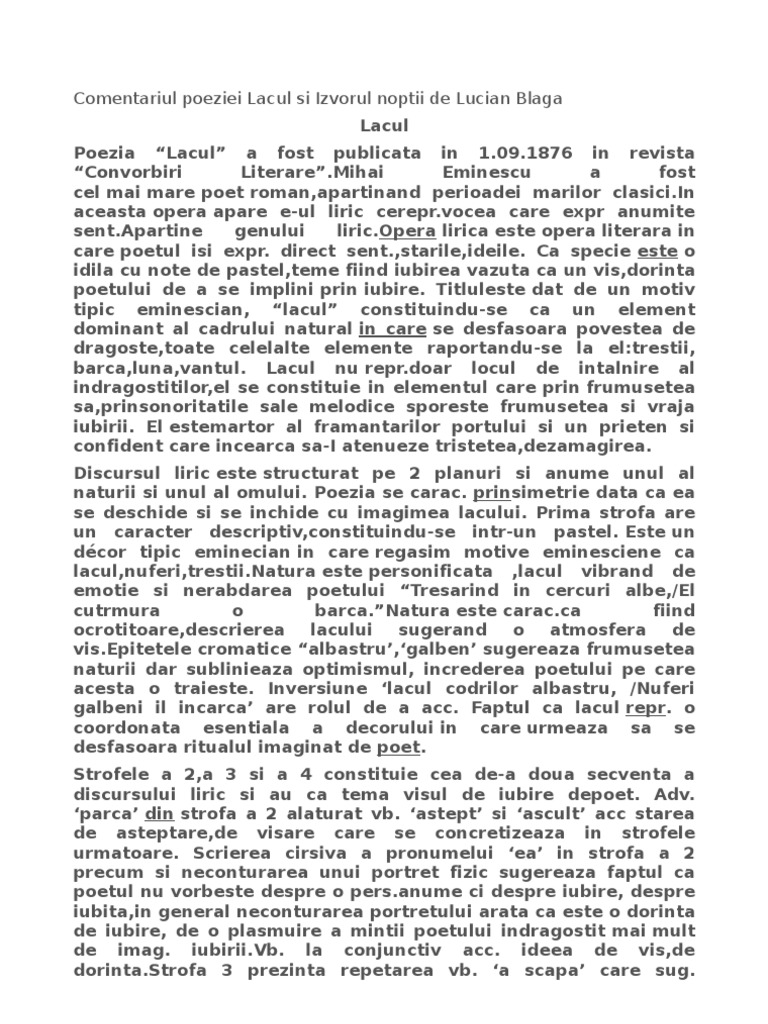 Comentariu Lacu Lsi Izvorul Noptii | PDF
