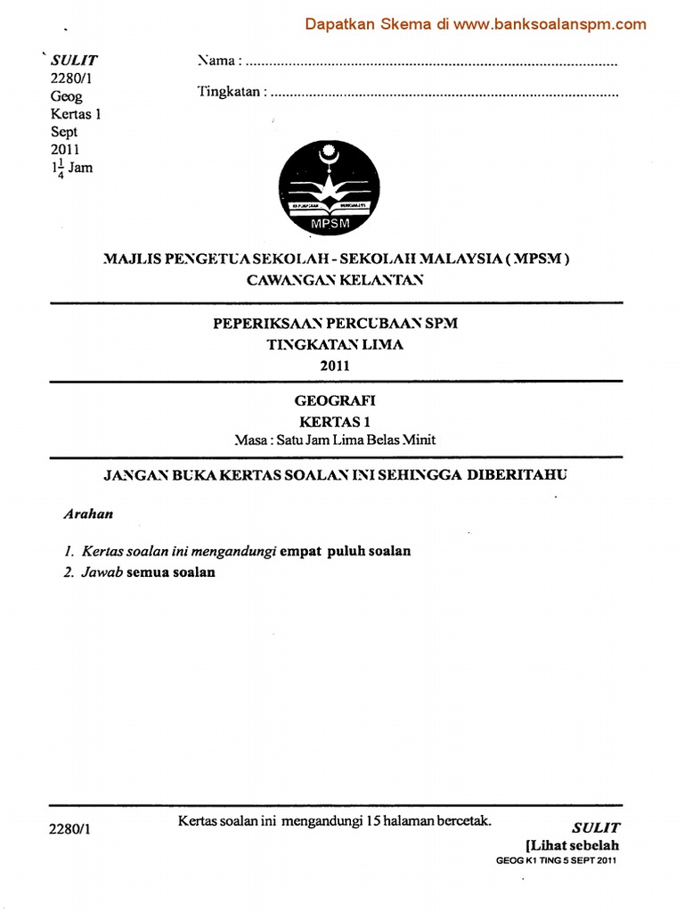 Soalan Geografi Kertas 1 Percubaan Spm Kelantan 2011 Pdf