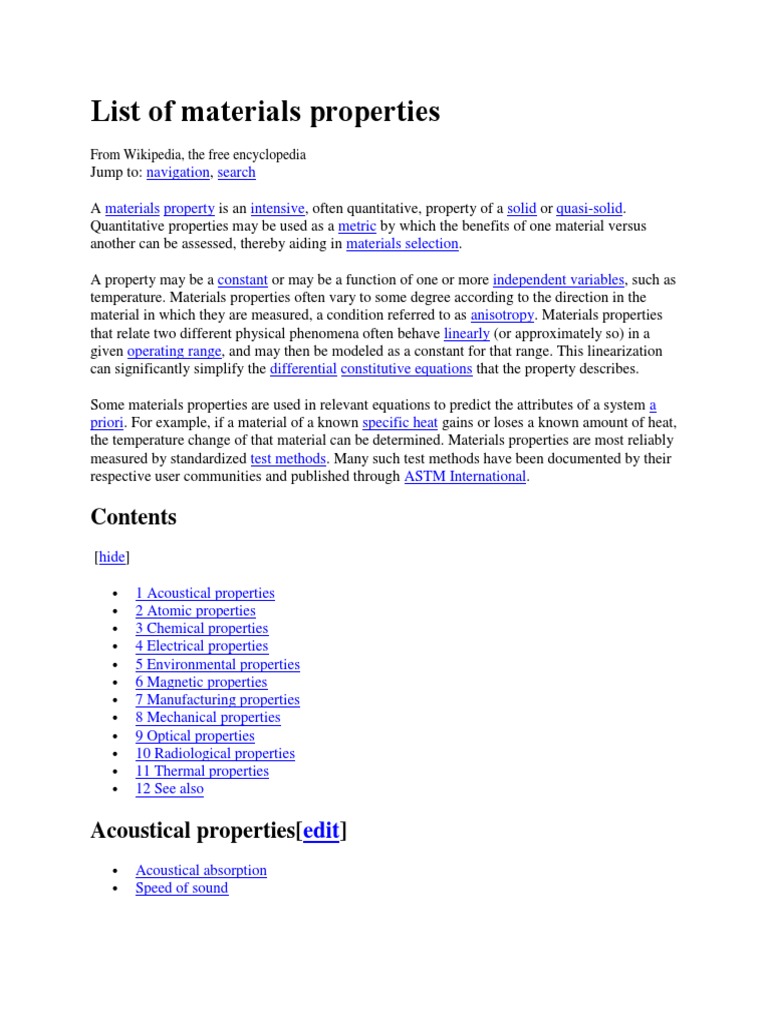 List of Materials Properties From Wikipedia, The Free Encyclopedia