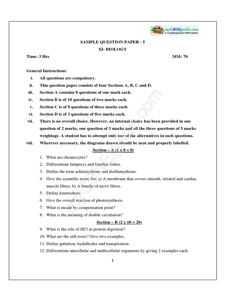 class 11 biology solved sample paper 05 | Photosynthesis | Earth & Life Sciences