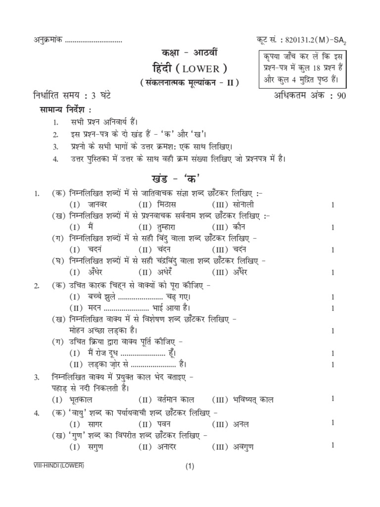 DAV Public School's Lower Hindi SAII Question Paper Class VIII Unrest