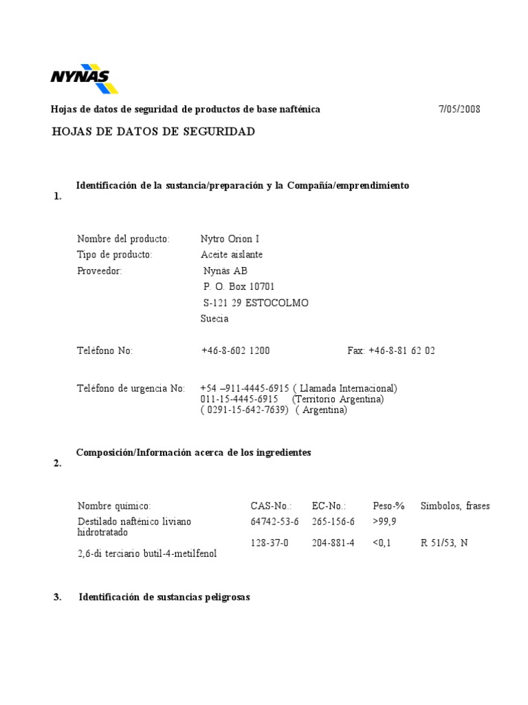 Hoja de Seguridad Aceite Dielectrico | PDF | Toxicidad | Agua