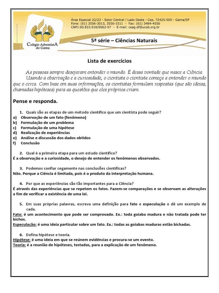 Exercícios sobre Método Científico 5ª Série | PDF | Método científico ...